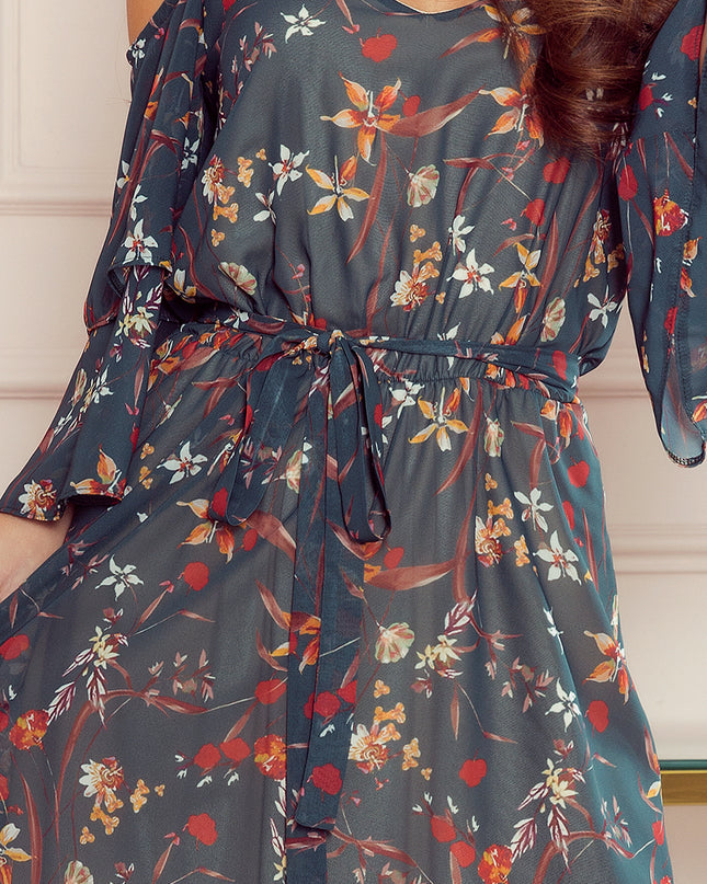 14076-5-292-2 MARINA Kleid mit Ausschnitt - grün mit Blumen-5
