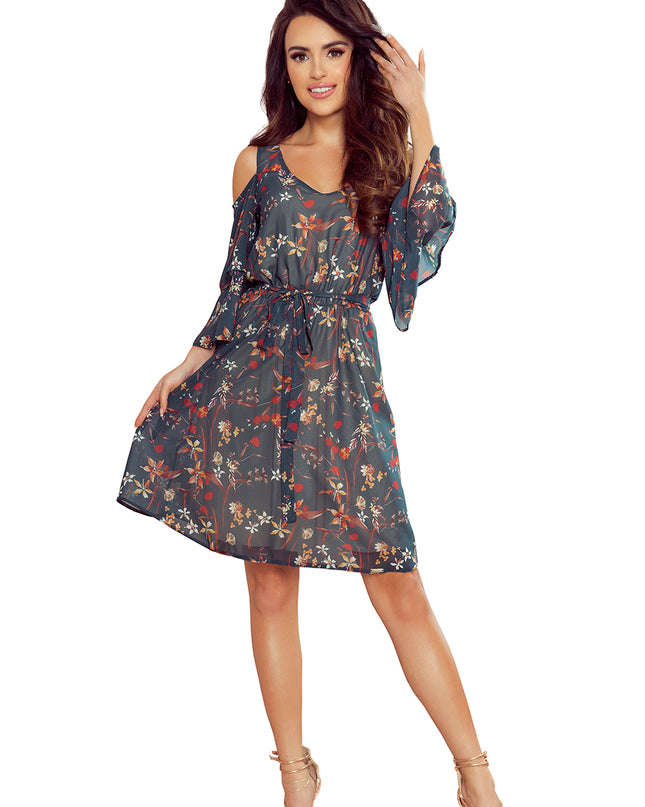 14076-6-292-2 MARINA Kleid mit Ausschnitt - grün mit Blumen-6