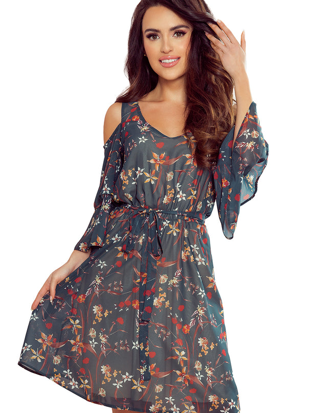 14076-7-292-2 MARINA Kleid mit Ausschnitt - grün mit Blumen-7