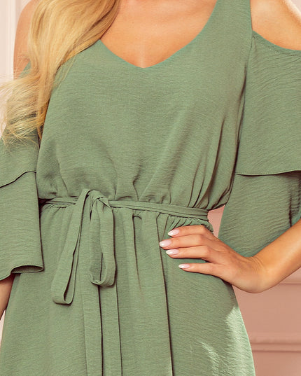 15451-5-292-6 MARINA Kleid mit Ausschnitt - olivgrüne Farbe-5