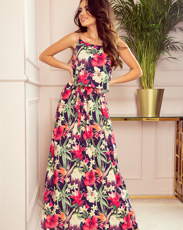 14157-1-294-1 Ein langes Sommerkleid mit Trägern - rote Blumen-1