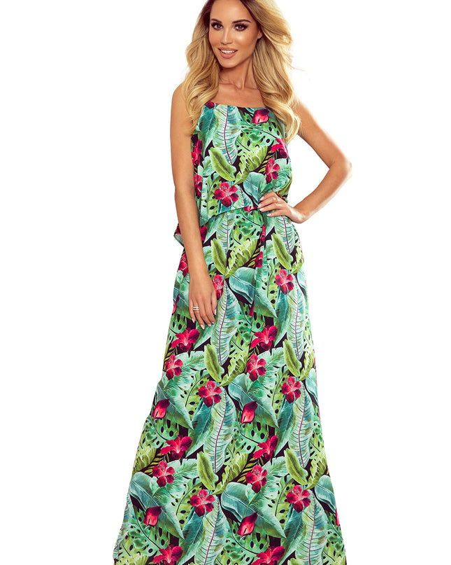 14153-6-294-2 Ein langes Sommerkleid mit Trägern - grüne Blätter und rosa Blüten-6