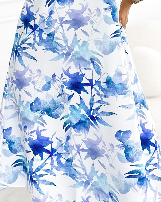19292-7-296-11 VICTORIA Trapezförmiges weißes Kleid mit blauem Muster-7