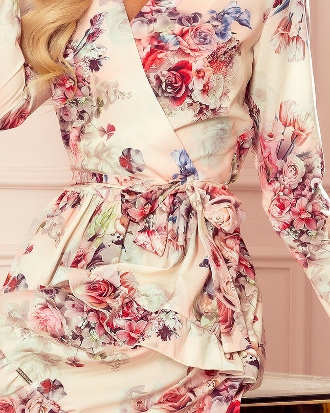 14782-7-297-2 CAROLINE Kleid mit Rüschen und Umschlagausschnitt - Blumen auf hellem Hintergrund-7