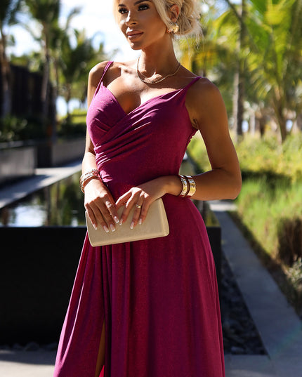 19183-1-299-19 CHIARA elegantes langes Maxikleid mit Trägern – Fuchsia mit Glitzer-1