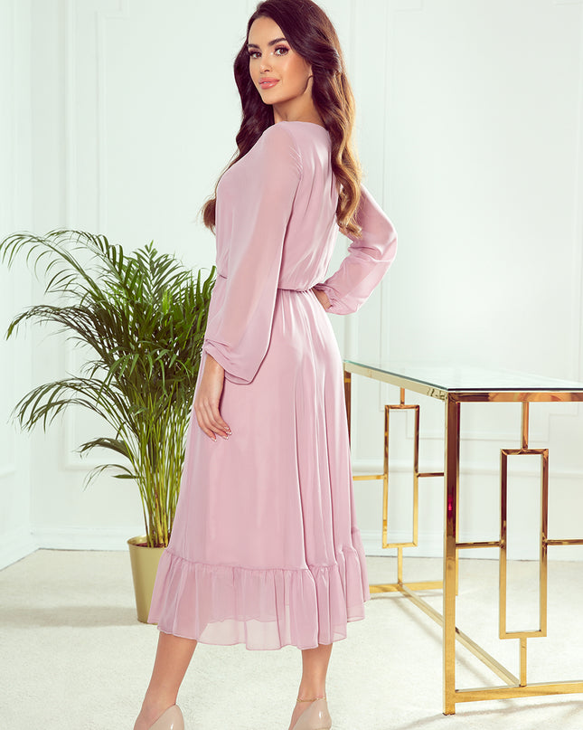 14273-2-304-1 Chiffon Midikleid mit Ausschnitt und Rüschen - schmutziges Pink-2