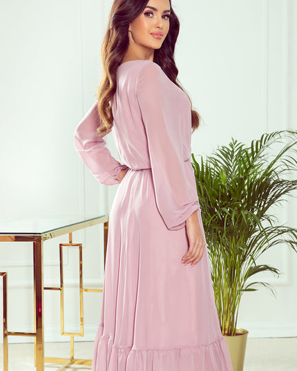 14273-4-304-1 Chiffon Midikleid mit Ausschnitt und Rüschen - schmutziges Pink-4