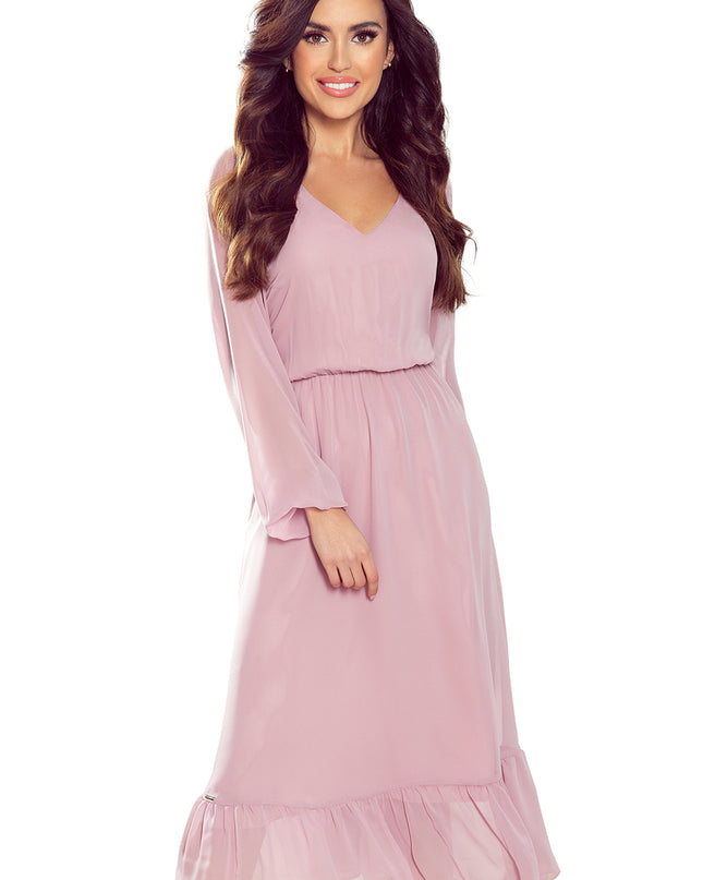 14273-6-304-1 Chiffon Midikleid mit Ausschnitt und Rüschen - schmutziges Pink-6