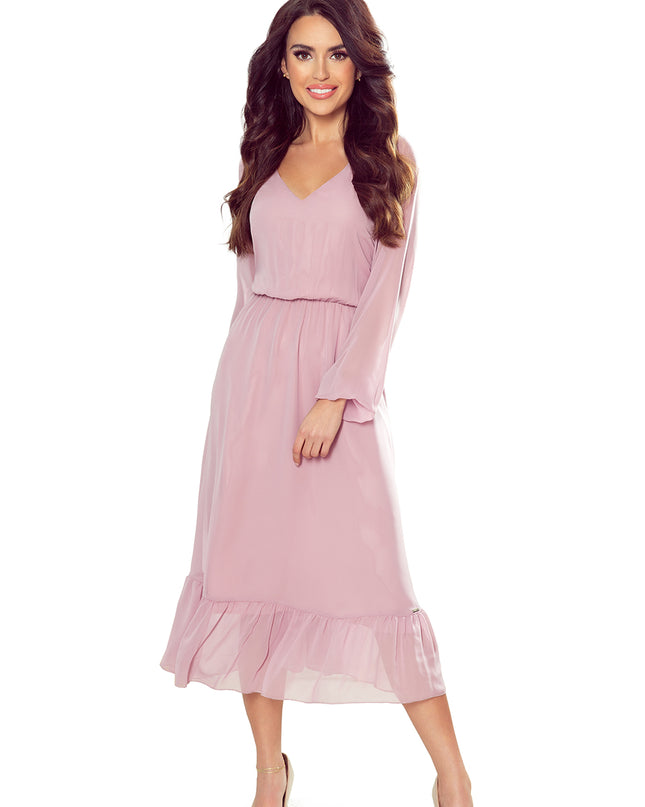 14273-7-304-1 Chiffon Midikleid mit Ausschnitt und Rüschen - schmutziges Pink-7