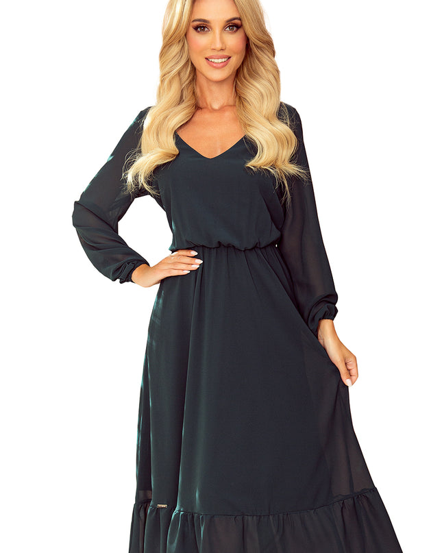 14681-8-304-2 Chiffon Midikleid mit Ausschnitt und Rüschen - schmutziges Pink-8