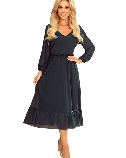 14681-9-304-2 Chiffon Midikleid mit Ausschnitt und Rüschen - schmutziges Pink-9