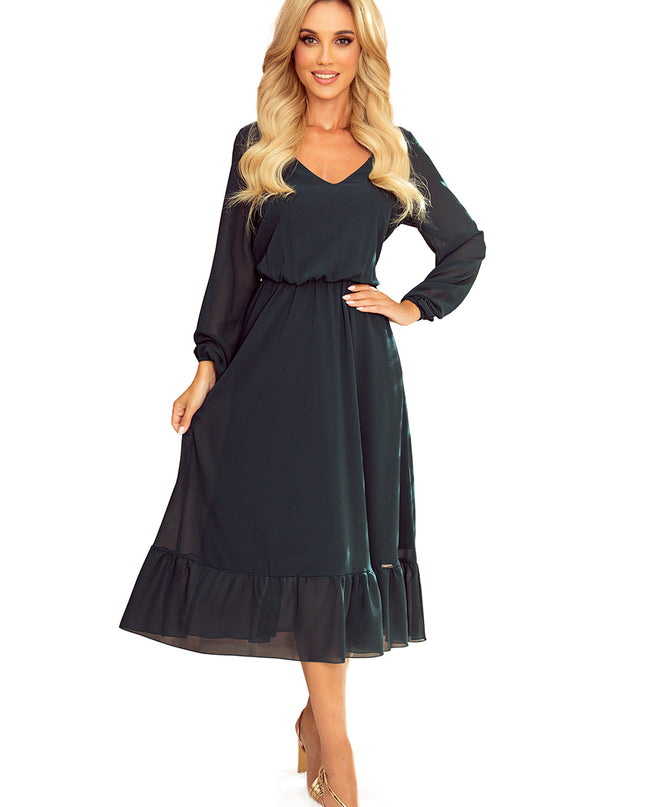 14681-9-304-2 Chiffon Midikleid mit Ausschnitt und Rüschen - schmutziges Pink-9