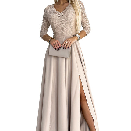 18709-8-309-10 AMBER Spitze, elegantes langes Kleid mit Ausschnitt und Beinschlitz - Beige-8