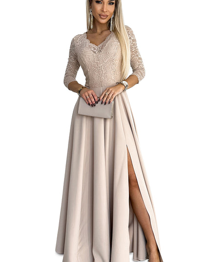 18709-8-309-10 AMBER Spitze, elegantes langes Kleid mit Ausschnitt und Beinschlitz - Beige-8