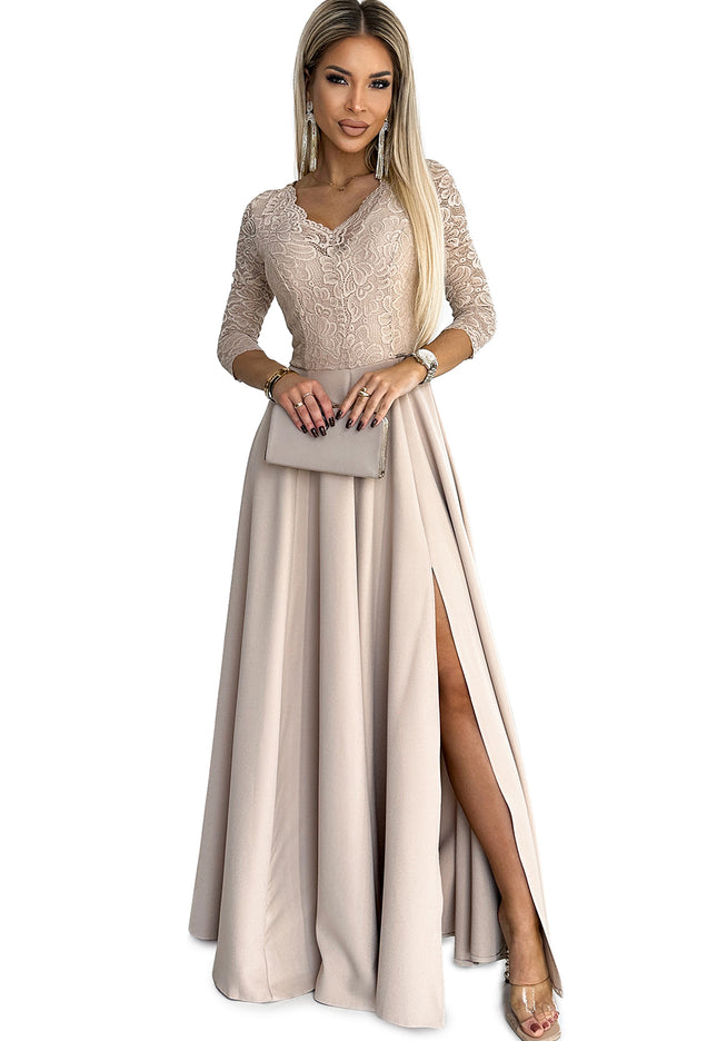 18709-8-309-10 AMBER Spitze, elegantes langes Kleid mit Ausschnitt und Beinschlitz - Beige-8