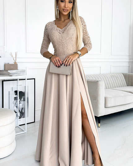 18709-1-309-10 AMBER Spitze, elegantes langes Kleid mit Ausschnitt und Beinschlitz - Beige-1