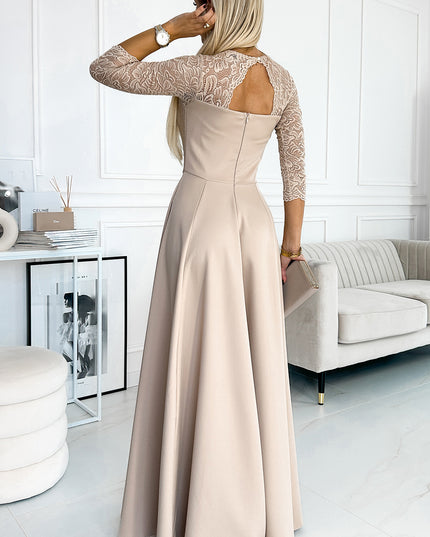 18709-3-309-10 AMBER Spitze, elegantes langes Kleid mit Ausschnitt und Beinschlitz - Beige-3