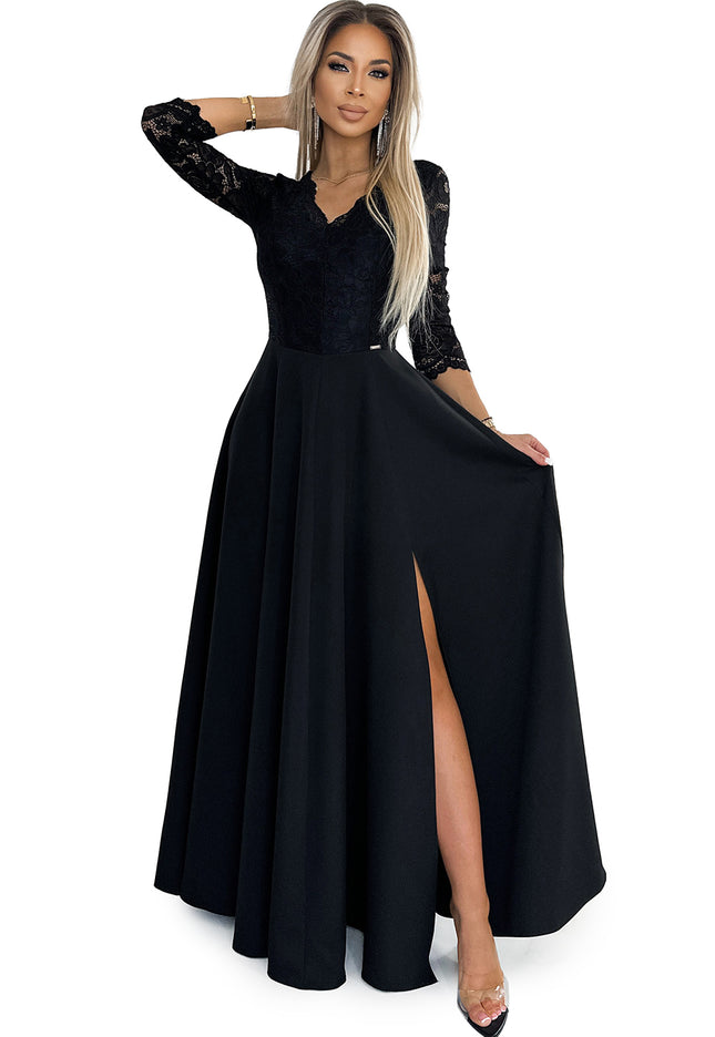 18986-7-309-11 AMBER Spitze, elegantes langes Kleid mit Ausschnitt und Beinschlitz - Schwarz-7