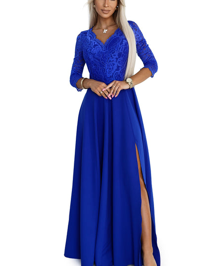 19713-7-309-12 AMBER elegantes langes Spitzenkleid mit Ausschnitt - Blau-7
