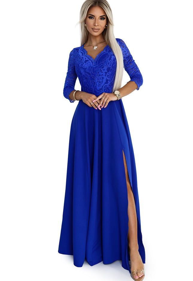19713-7-309-12 AMBER elegantes langes Spitzenkleid mit Ausschnitt - Blau-7