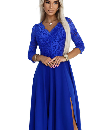 19713-8-309-12 AMBER elegantes langes Spitzenkleid mit Ausschnitt - Blau-8