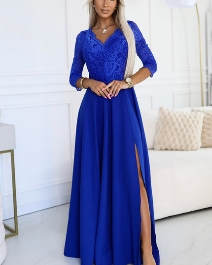 19713-1-309-12 AMBER elegantes langes Spitzenkleid mit Ausschnitt - Blau-1