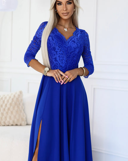 19713-5-309-12 AMBER elegantes langes Spitzenkleid mit Ausschnitt - Blau-5