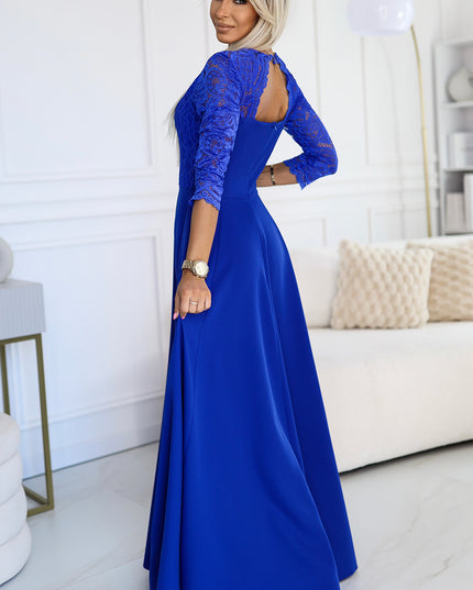 19713-2-309-12 AMBER elegantes langes Spitzenkleid mit Ausschnitt - Blau-2