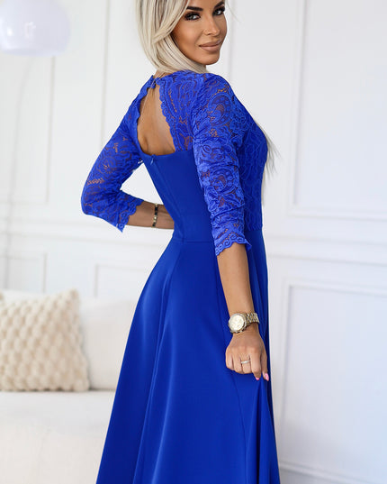 19713-4-309-12 AMBER elegantes langes Spitzenkleid mit Ausschnitt - Blau-4