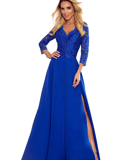 14345-6-309-2 AMBER elegantes langes Spitzenkleid mit Ausschnitt - Blau-6
