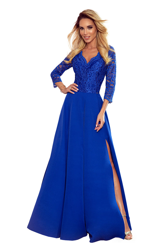 14345-6-309-2 AMBER elegantes langes Spitzenkleid mit Ausschnitt - Blau-6