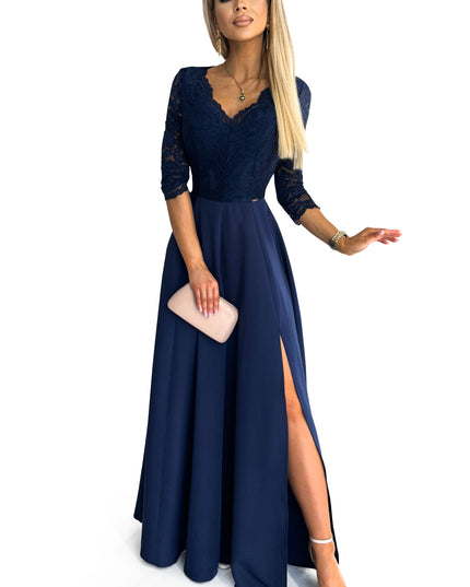 17139-7-309-6 AMBER elegantes langes Spitzenkleid mit Ausschnitt - Dunkelblau-7