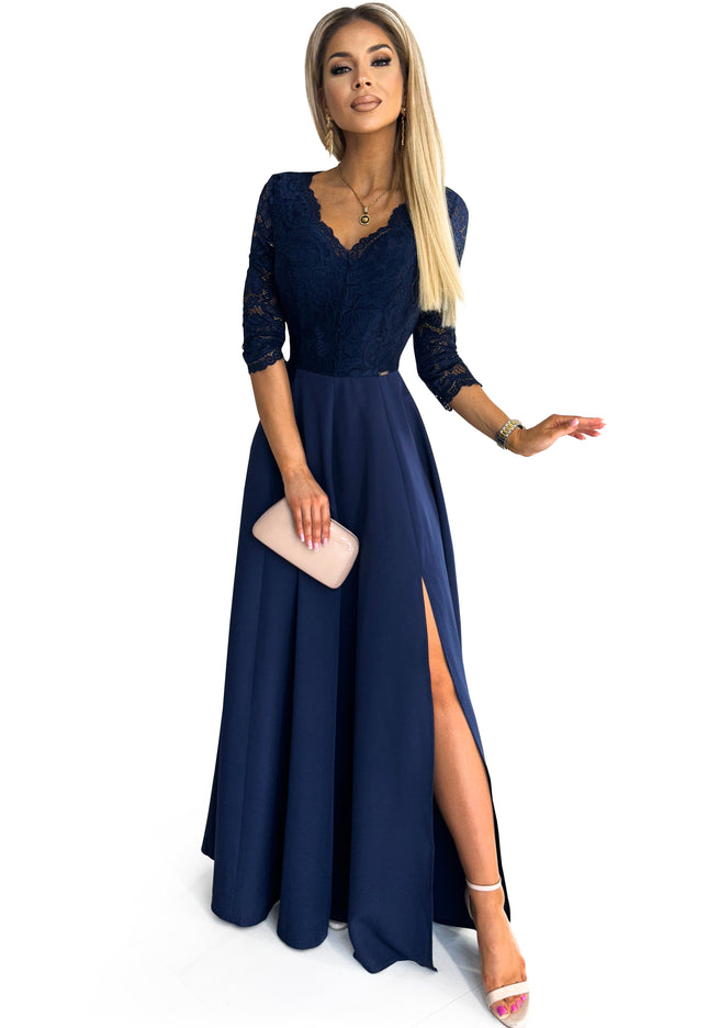 17139-7-309-6 AMBER elegantes langes Spitzenkleid mit Ausschnitt - Dunkelblau-7
