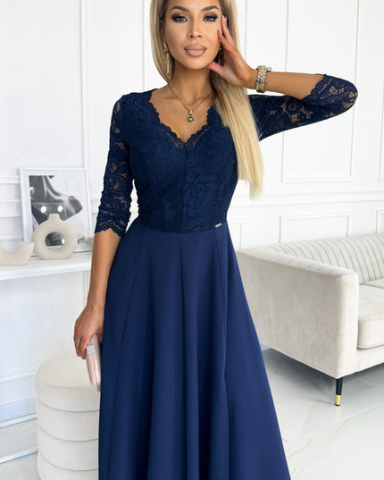 17139-3-309-6 AMBER elegantes langes Spitzenkleid mit Ausschnitt - Dunkelblau-3