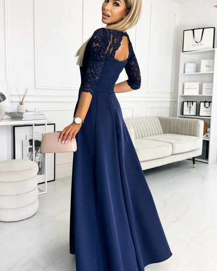 17139-2-309-6 AMBER elegantes langes Spitzenkleid mit Ausschnitt - Dunkelblau-2
