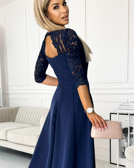 17139-4-309-6 AMBER elegantes langes Spitzenkleid mit Ausschnitt - Dunkelblau-4