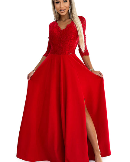 18669-7-309-8 AMBER Spitze, elegantes langes Kleid mit Ausschnitt und Beinschlitz – rot-7