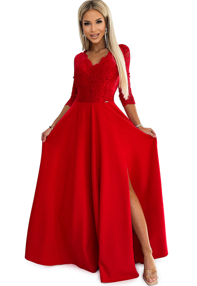 18669-7-309-8 AMBER Spitze, elegantes langes Kleid mit Ausschnitt und Beinschlitz – rot-7