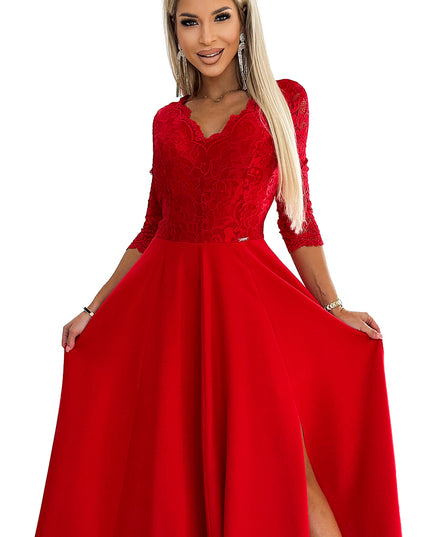 18669-8-309-8 AMBER Spitze, elegantes langes Kleid mit Ausschnitt und Beinschlitz – rot-8