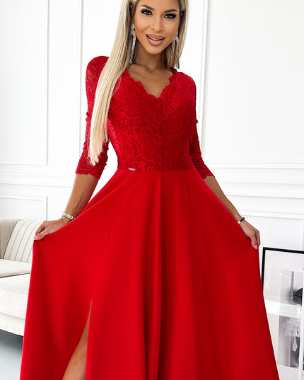 18669-4-309-8 AMBER Spitze, elegantes langes Kleid mit Ausschnitt und Beinschlitz – rot-4