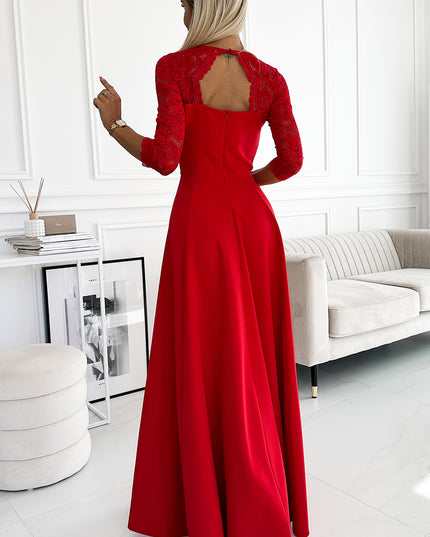 18669-3-309-8 AMBER Spitze, elegantes langes Kleid mit Ausschnitt und Beinschlitz – rot-3