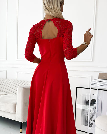 18669-5-309-8 AMBER Spitze, elegantes langes Kleid mit Ausschnitt und Beinschlitz – rot-5