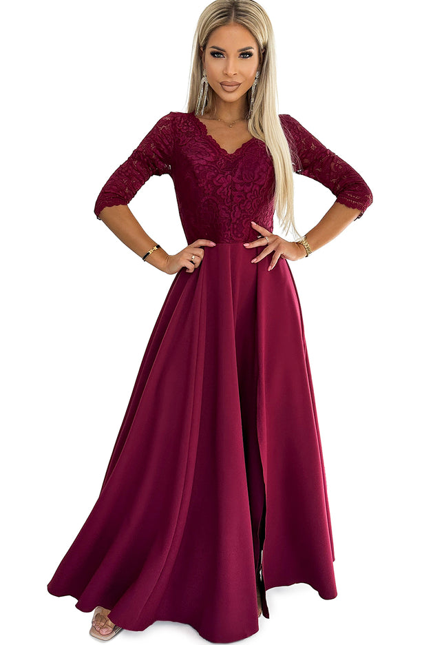 18635-7-309-9 AMBER elegantes langes Maxikleid mit Spitzenausschnitt - Burgunderrot-7