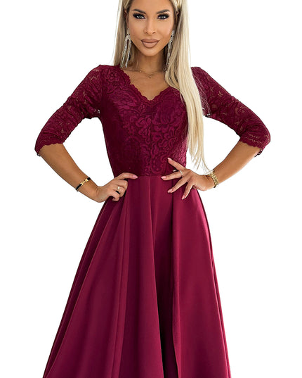 18635-8-309-9 AMBER elegantes langes Maxikleid mit Spitzenausschnitt - Burgunderrot-8