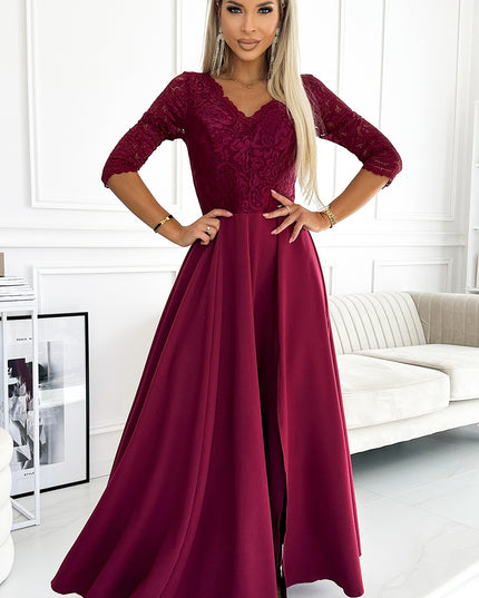 18635-1-309-9 AMBER elegantes langes Maxikleid mit Spitzenausschnitt - Burgunderrot-1