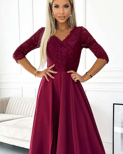 18635-4-309-9 AMBER elegantes langes Maxikleid mit Spitzenausschnitt - Burgunderrot-4
