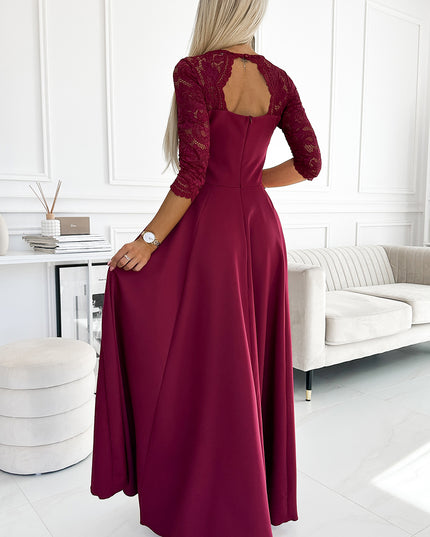 18635-3-309-9 AMBER elegantes langes Maxikleid mit Spitzenausschnitt - Burgunderrot-3