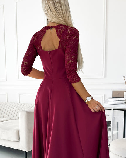 18635-5-309-9 AMBER elegantes langes Maxikleid mit Spitzenausschnitt - Burgunderrot-5