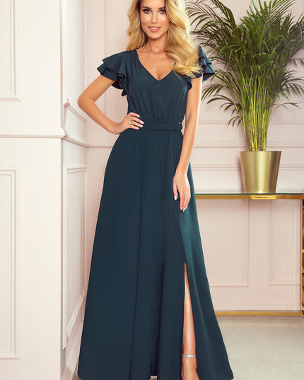 14261-1-310-1 LIDIA langes Kleid mit Ausschnitt und Rüschen - Grün-1