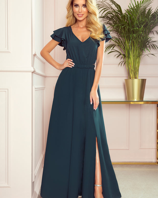 14261-1-310-1 LIDIA langes Kleid mit Ausschnitt und Rüschen - Grün-1